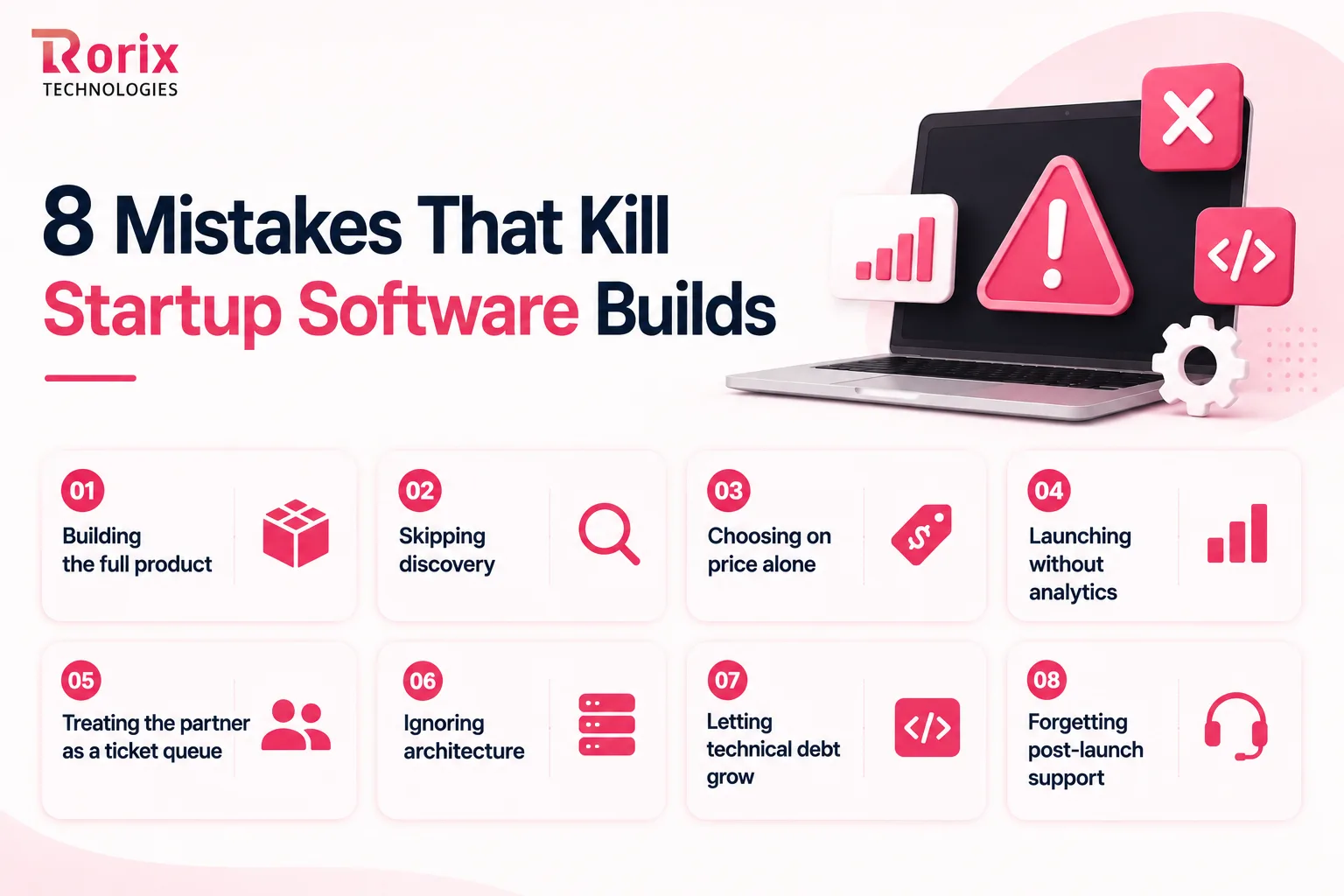 Eight mistakes that kill startup software builds: building the full product, skipping discovery, choosing on price alone, launching without analytics, treating the partner as a ticket queue, ignoring architecture, letting technical debt grow, and forgetting post-launch support