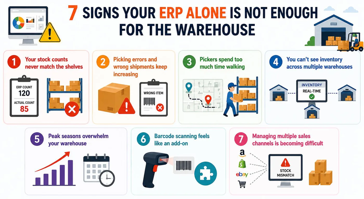 7 signs your ERP alone is not enough for the warehouse: infographic summarizing the seven warning signs