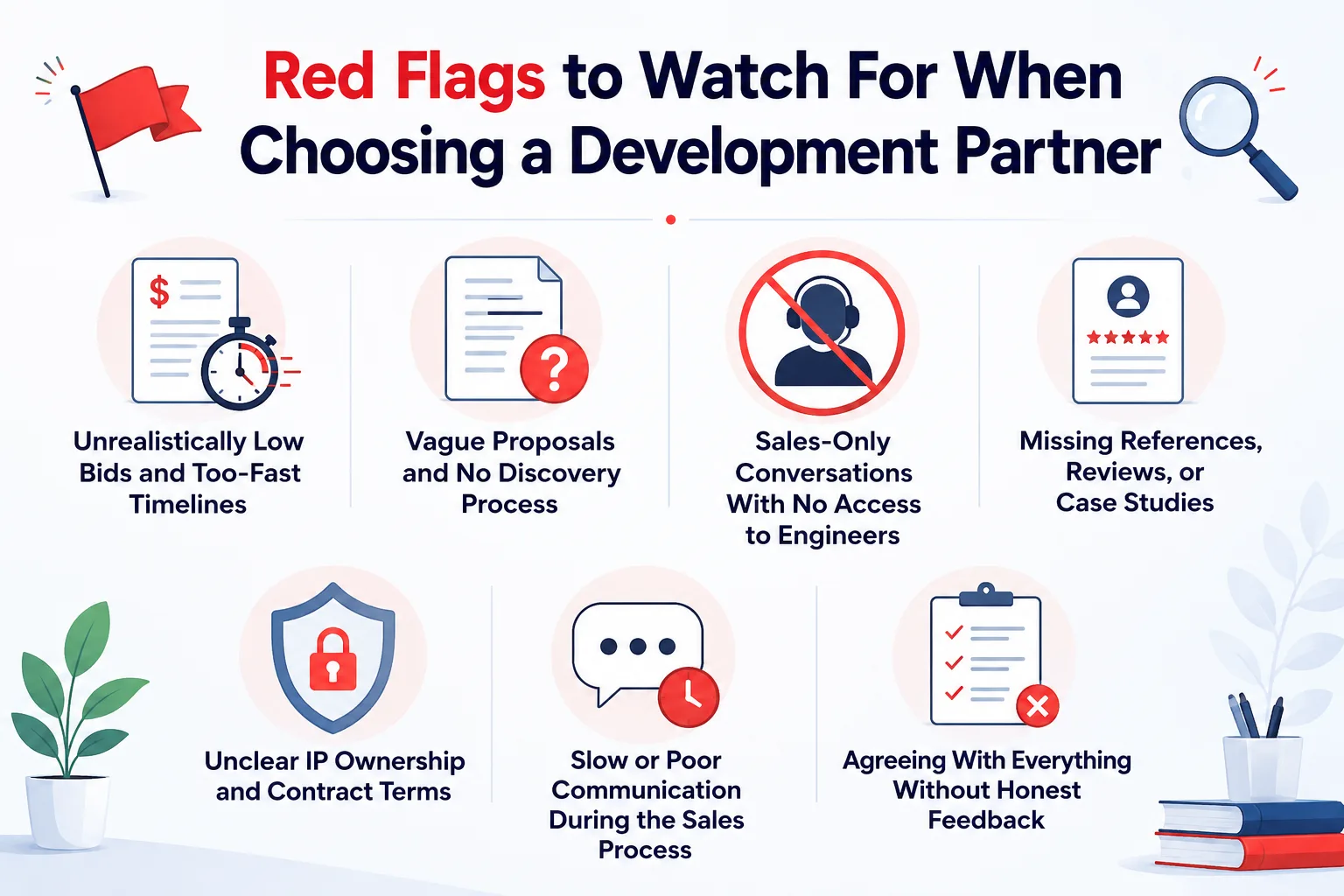 Red flags to watch for when choosing a development partner: infographic listing the 7 warning signs