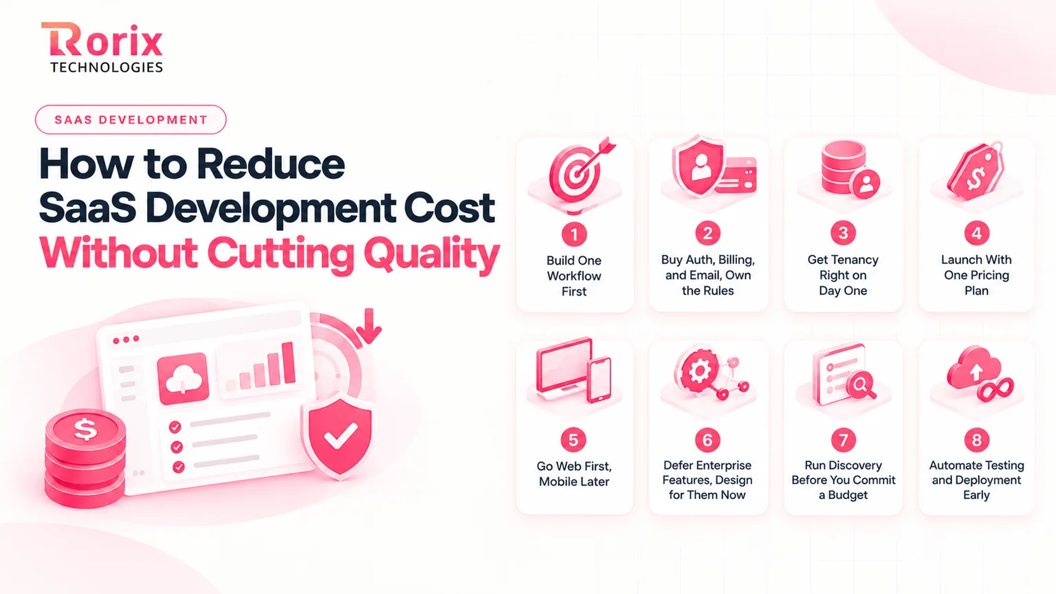 Eight ways to reduce SaaS development cost without cutting quality, from building one workflow first and buying auth, billing and email to automating testing and deployment early