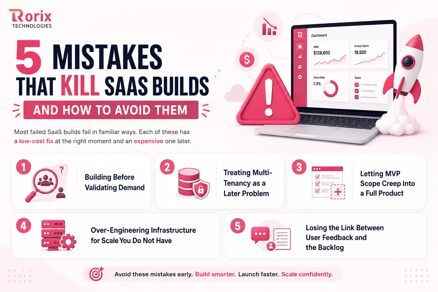 Five mistakes that kill SaaS builds: building before validating demand, treating multi-tenancy as a later problem, letting MVP scope creep into a full product, over-engineering infrastructure for scale you do not have, and losing the link between user feedback and the backlog