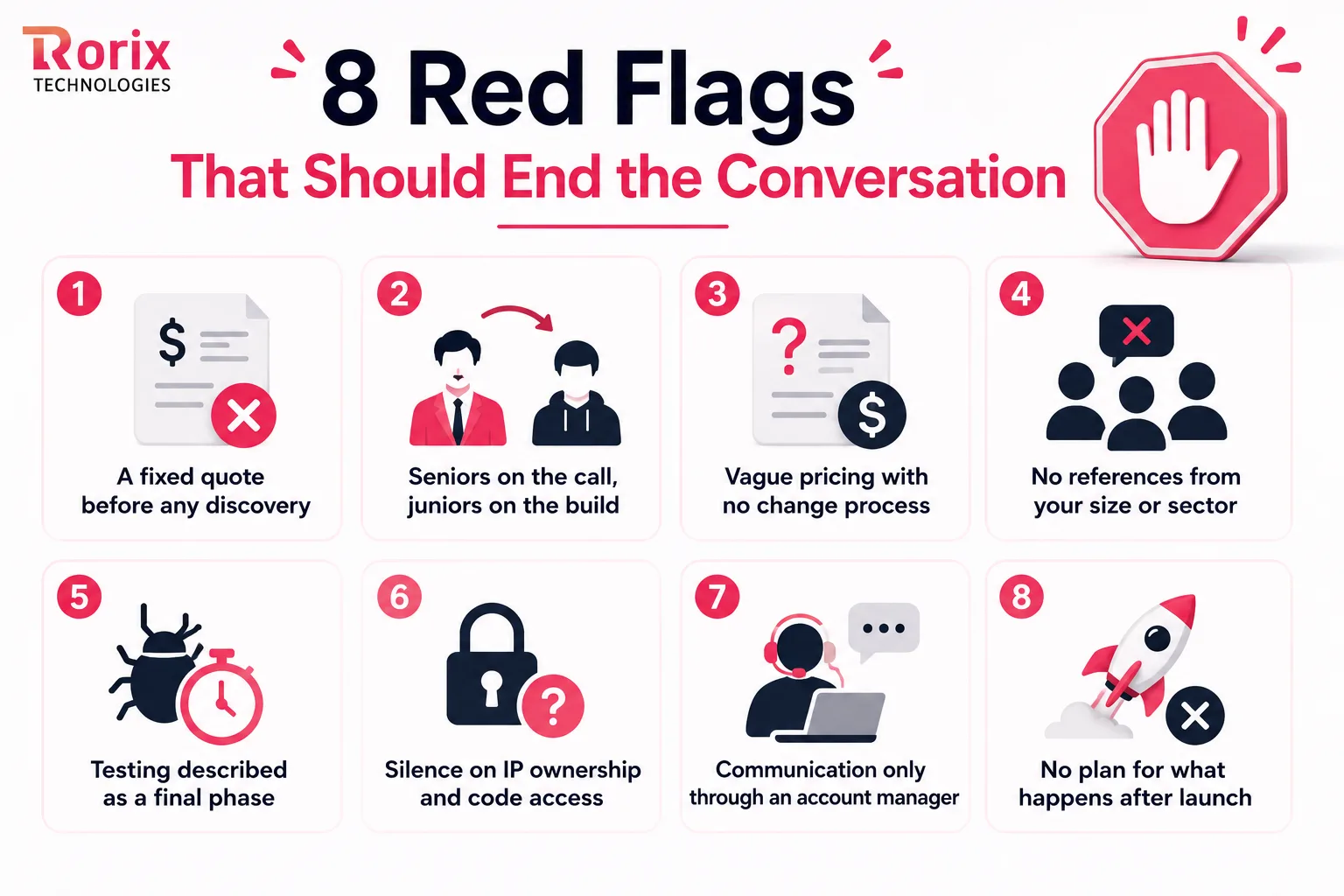 Eight red flags that should end the conversation with a software product development company: a fixed quote before any discovery, seniors on the call and juniors on the build, vague pricing with no change process, no references from your size or sector, testing described as a final phase, silence on IP ownership and code access, communication only through an account manager, and no plan for what happens after launch