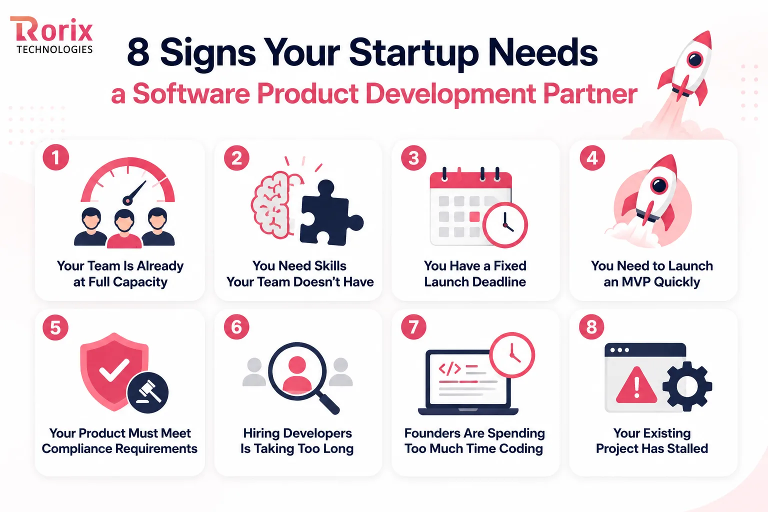Eight signs your startup needs a software product development partner: your team is at full capacity, you need skills your team doesn't have, you have a fixed launch deadline, you need to launch an MVP quickly, your product must meet compliance requirements, hiring developers is taking too long, founders are spending too much time coding, and your existing project has stalled