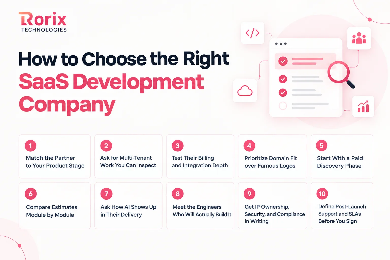 Ten checks for choosing the right SaaS development company, from matching the partner to your product stage to defining post-launch support before you sign