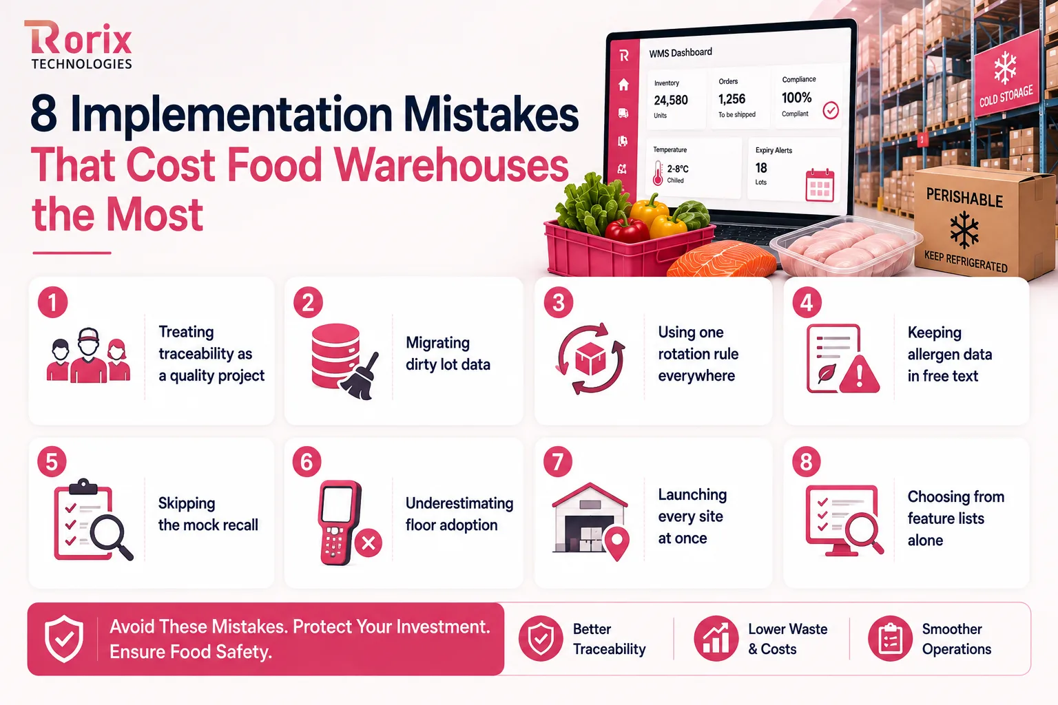 Eight implementation mistakes that cost food warehouses the most, from treating traceability as a quality project and migrating dirty lot data to skipping the mock recall and choosing from feature lists alone