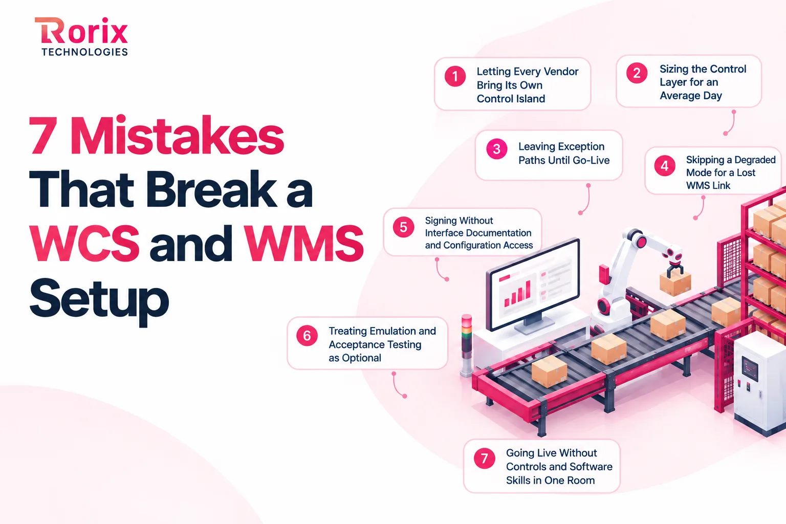 Seven mistakes that break a WCS and WMS setup, including vendor control islands, sizing for an average day, skipped exception paths, no degraded mode, and missing controls skills at go-live