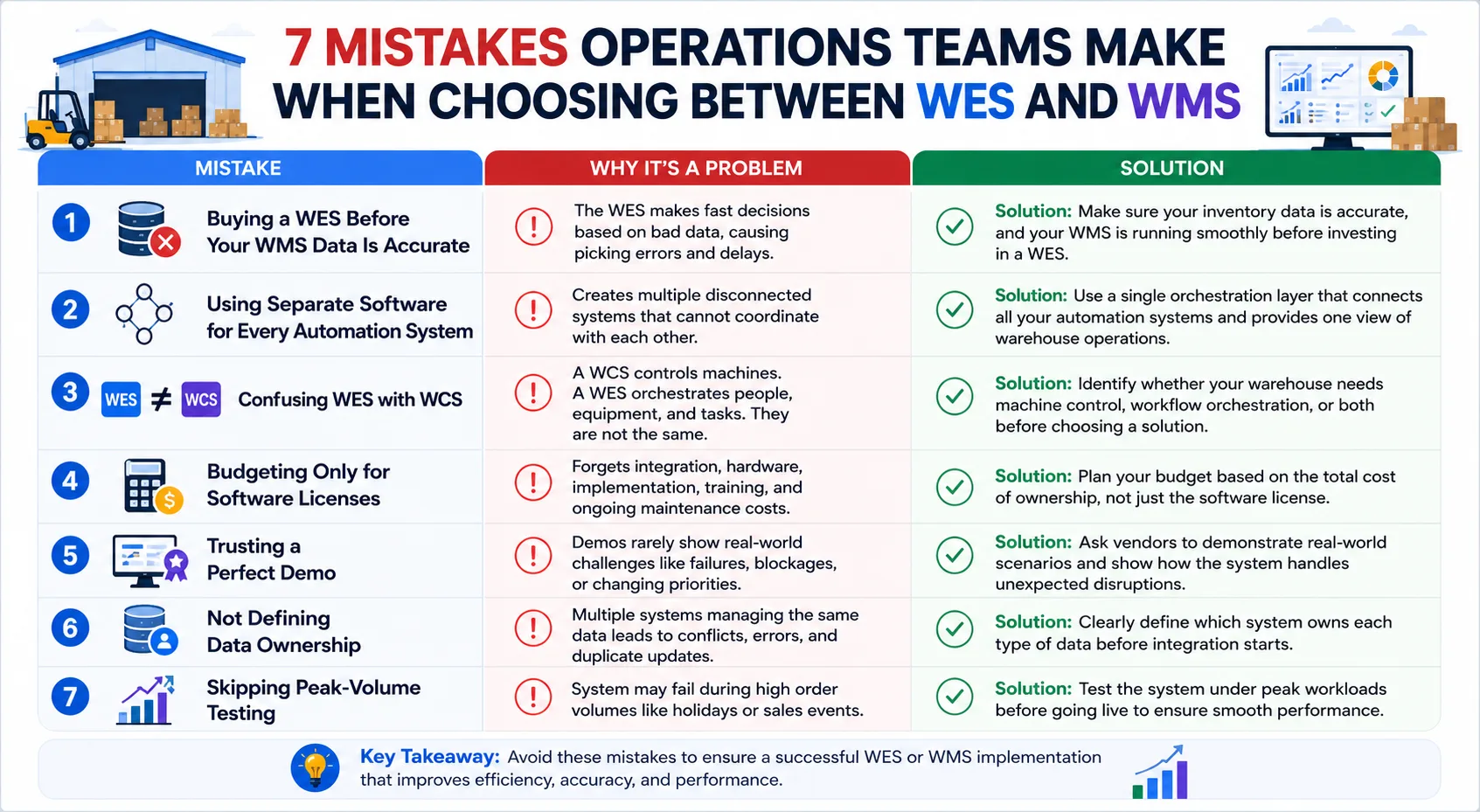 7 mistakes operations teams make when choosing between a WES and a WMS — infographic with why each is a problem and the solution