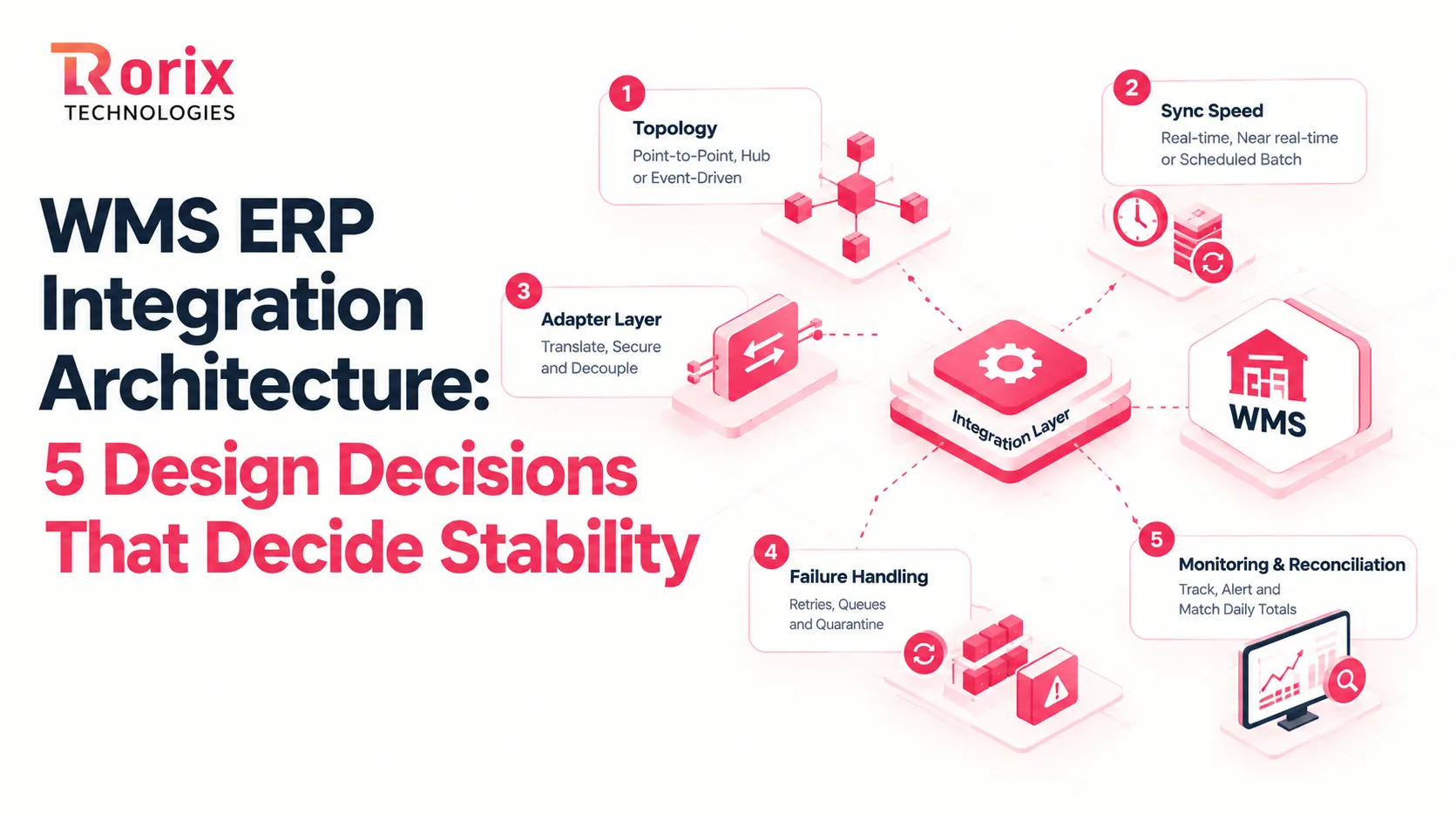 WMS ERP integration architecture: five design decisions around an integration layer, covering topology, sync speed, adapter layer, failure handling, and monitoring and reconciliation